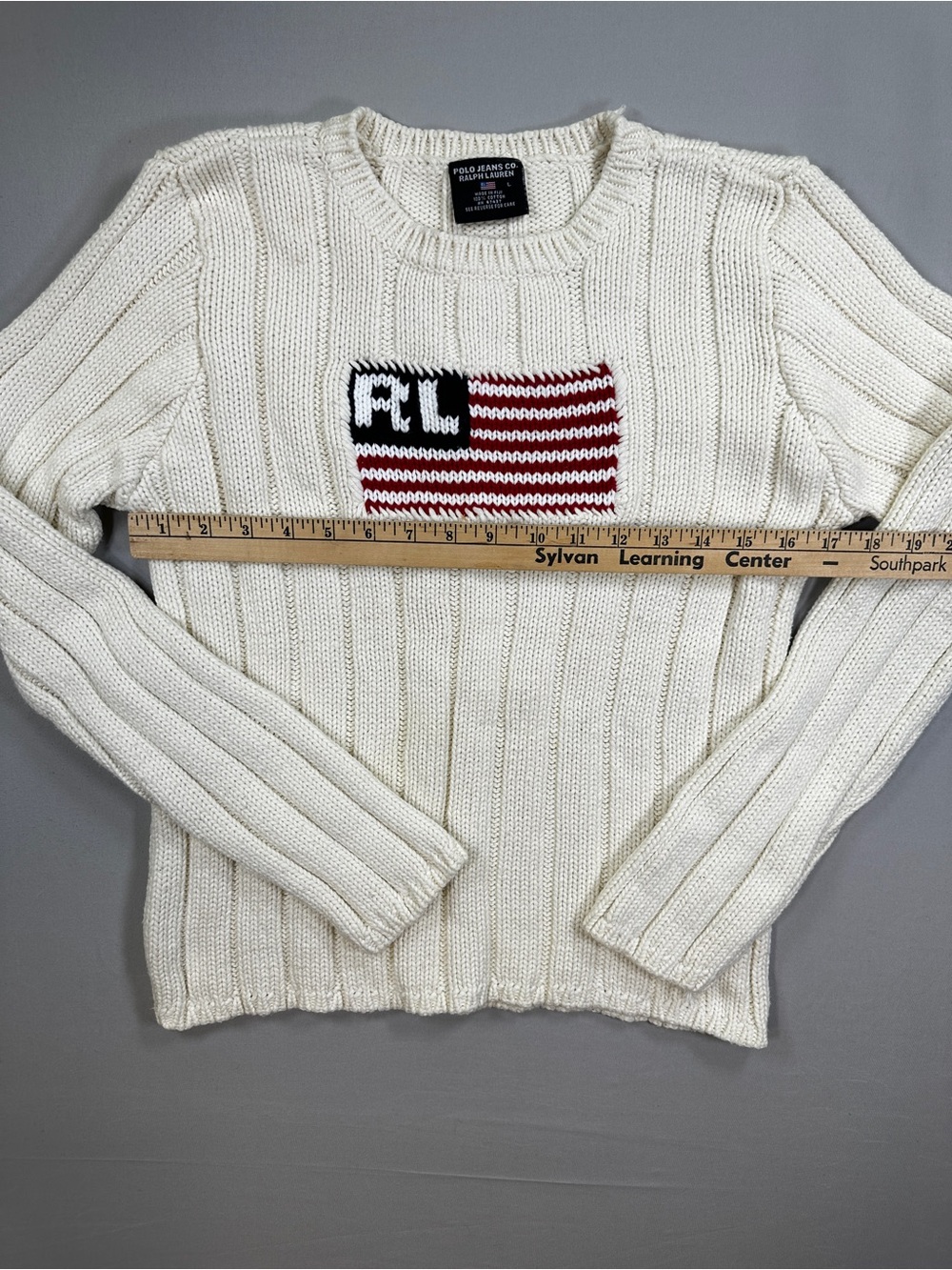 Polo Jeans Ralph Lauren L Cream Flag Knit Sweater 100% Cotton USA - Picture 7 of 9
